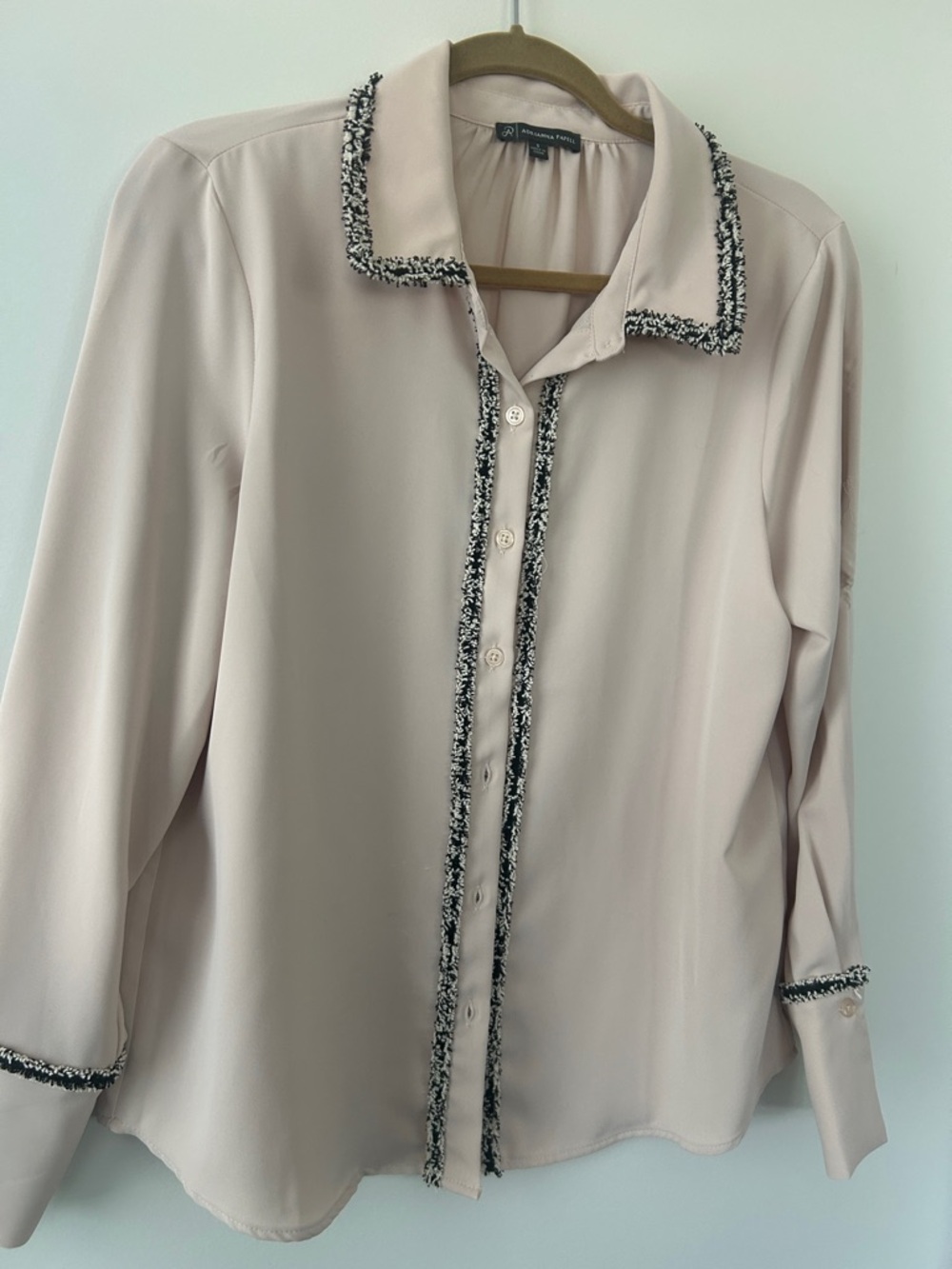 Adrianna Papell Blush Pink Button-Front Blouse with Black-and-White Tweed Trim